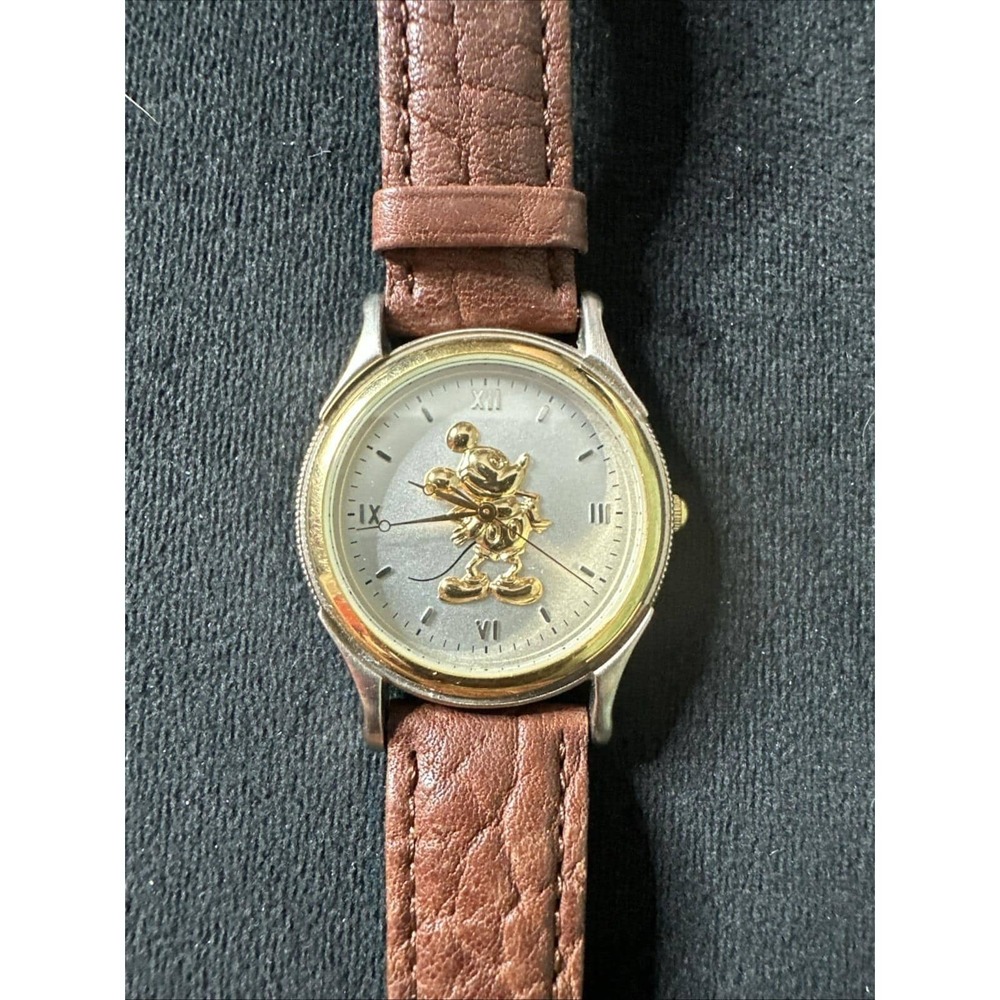 VTG Seiko Disney Gold Tone Mickey Watch Roman Numeral Brown Leather EUC Rare